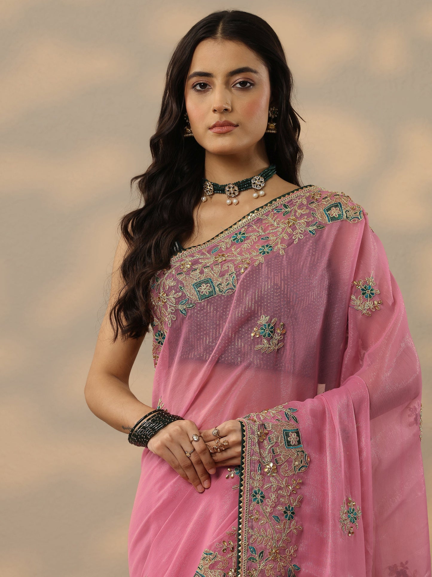 Pink Embroidered Chinon Saree With Unstitched Blouse Piece