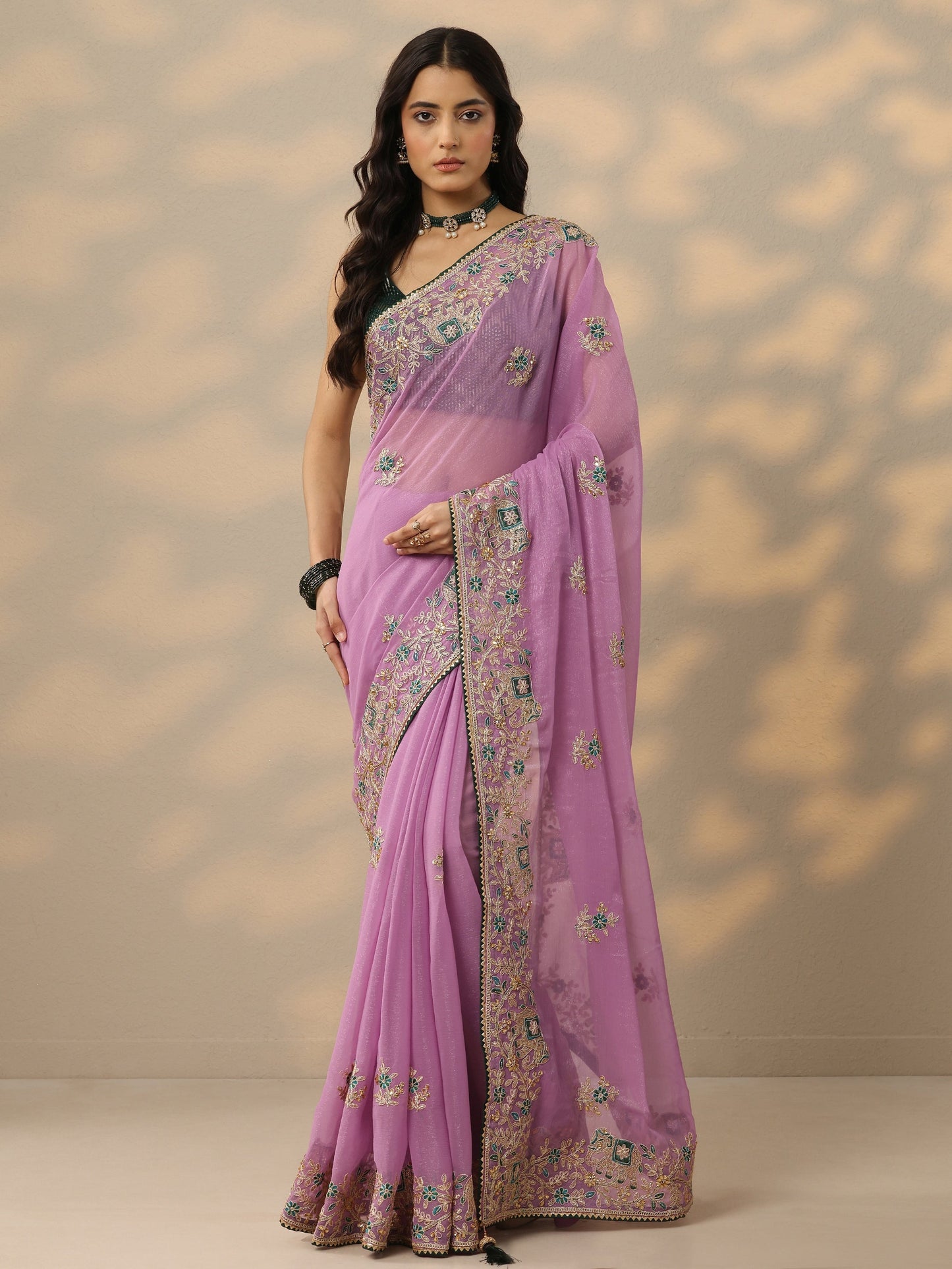 Lavender Embroidered Chinon Saree With Unstitched Blouse Piece