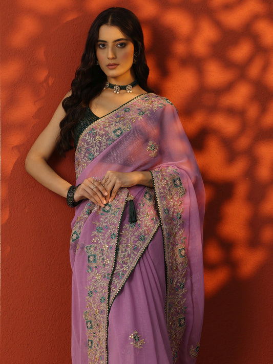Lavender Embroidered Chinon Saree With Unstitched Blouse Piece