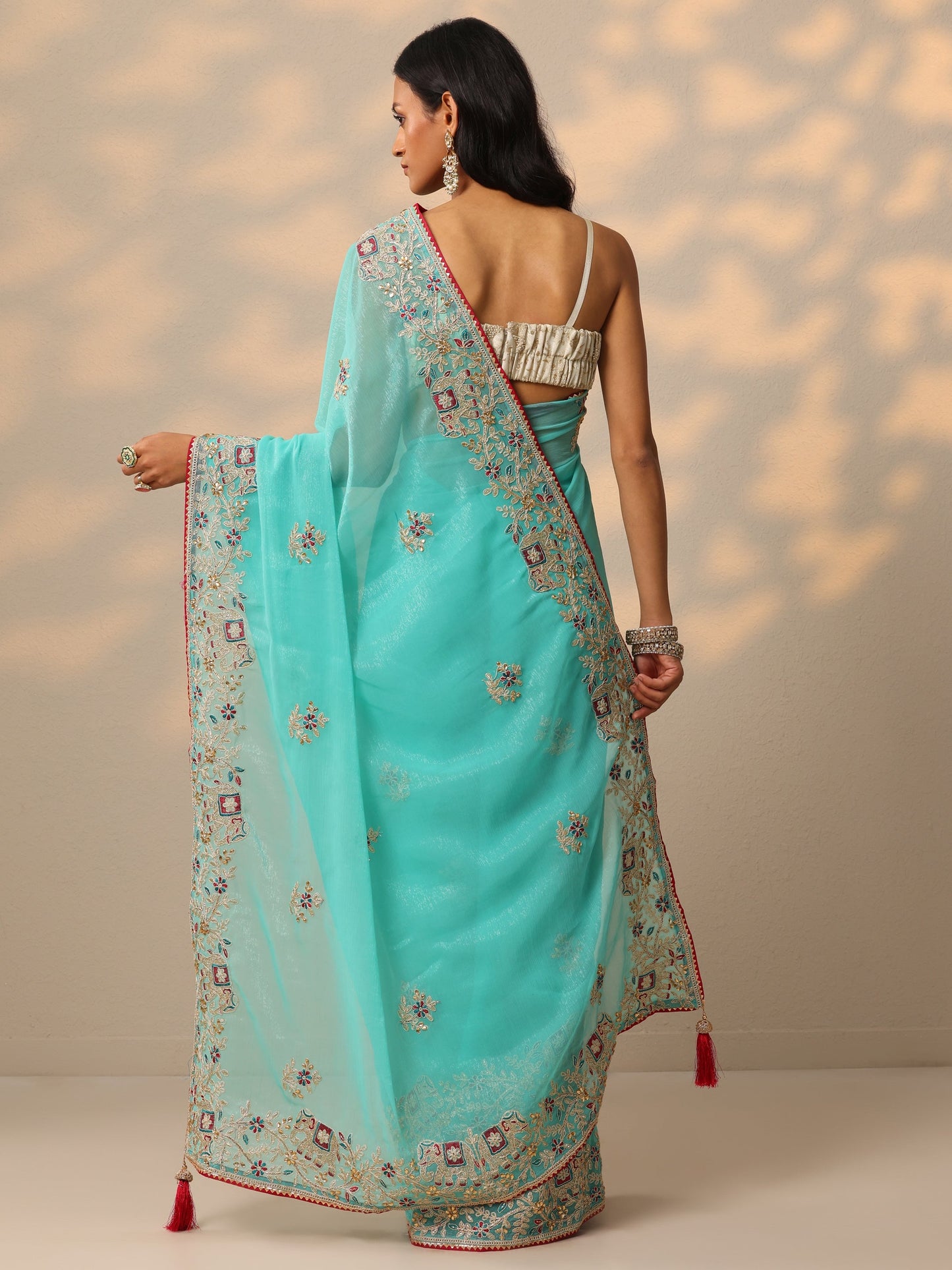 Turquoise Blue Embroidered Chinon Saree With Unstitched Blouse Piece