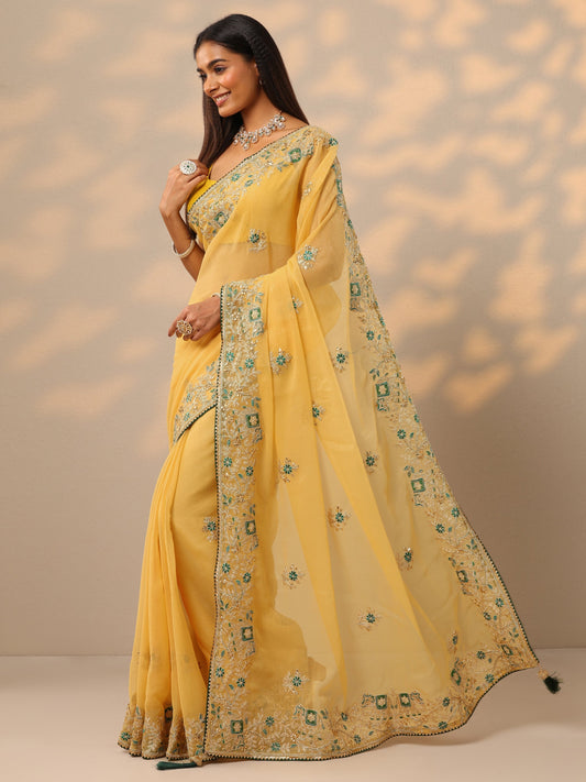 Mustard Embroidered Chinon Saree With Unstitched Blouse Piece