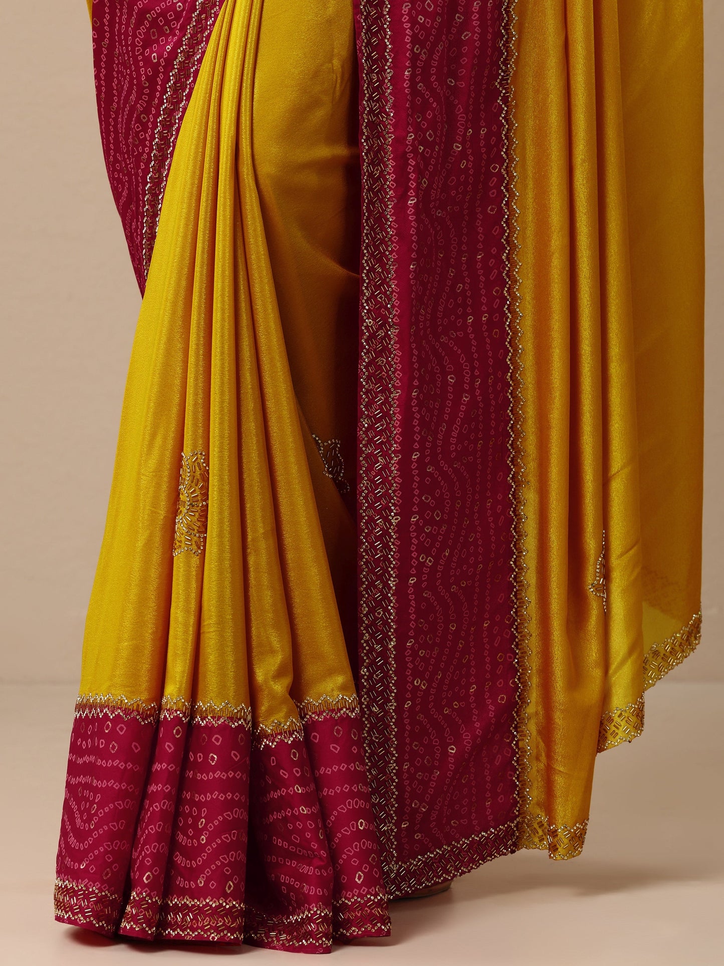 Mustard Embellished Crepe Saree With Unstitched Blouse Piece