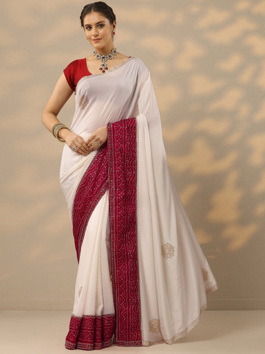 White Embellished Crepe Saree With Unstitched Blouse Piece