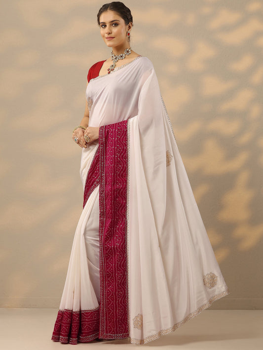White Embellished Crepe Saree With Unstitched Blouse Piece