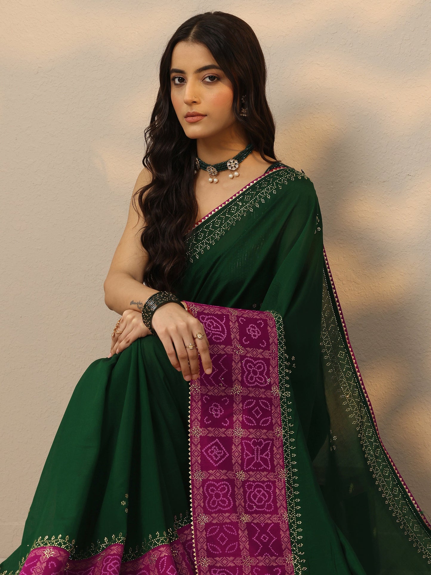 Green Printed Chinon Saree With Unstitched Blouse Piece