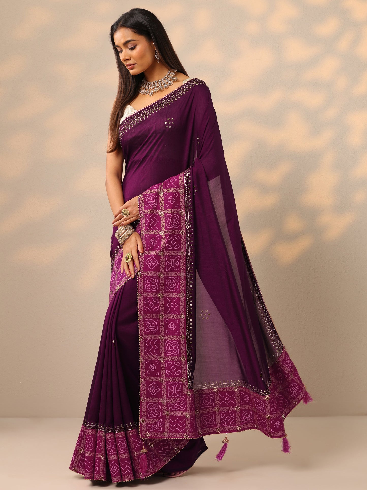 Burgundy Embroidered Chinon Saree With Unstitched Blouse Piece