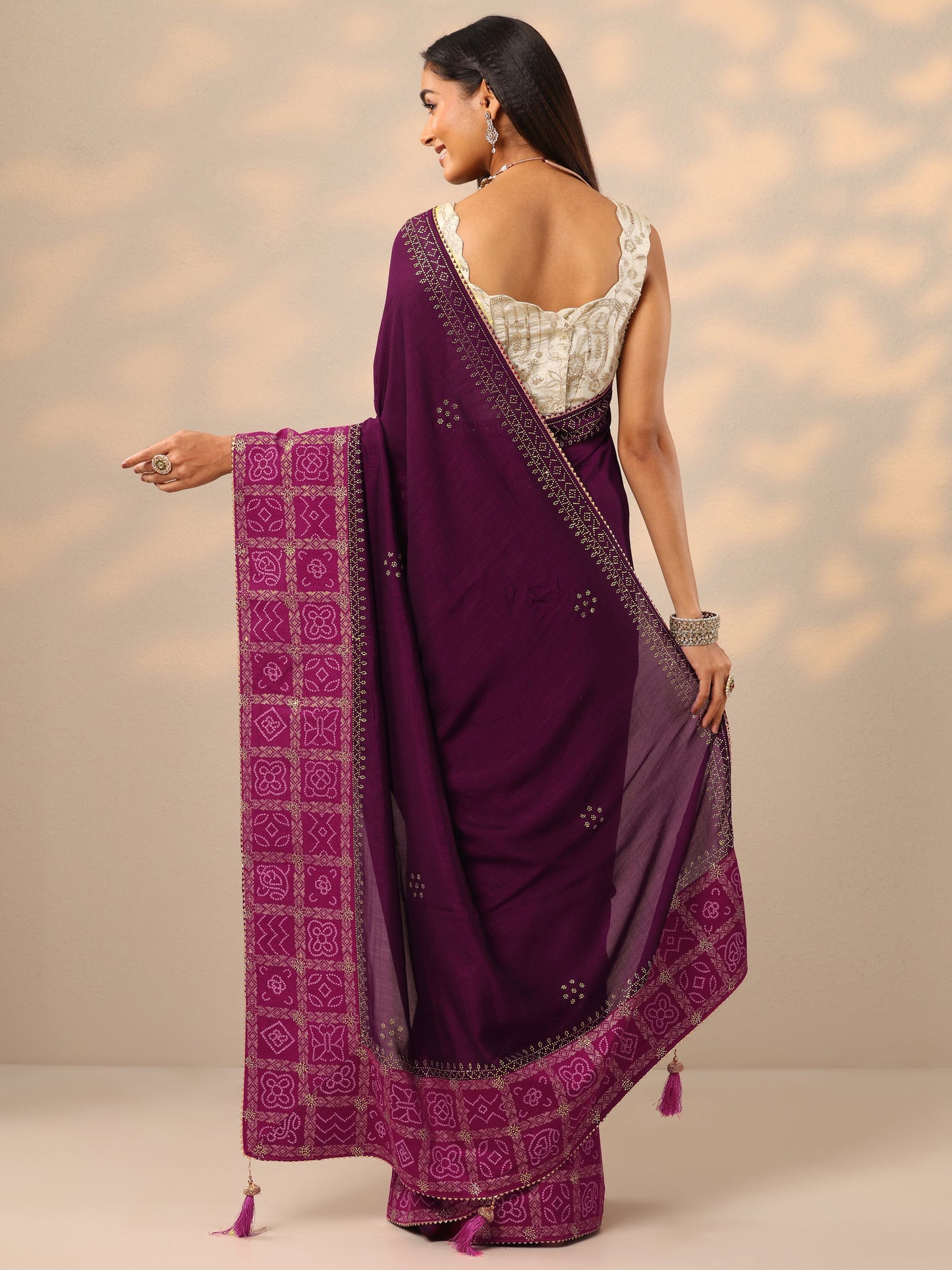 Burgundy Embroidered Chinon Saree With Unstitched Blouse Piece