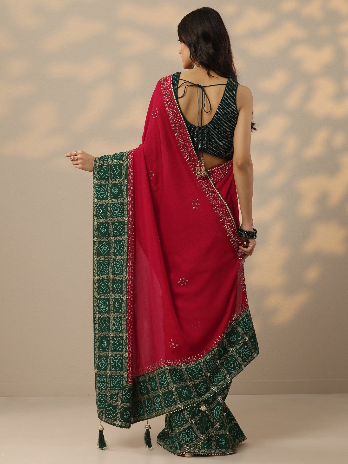Red Printed Chinon Saree With Unstitched Blouse Piece