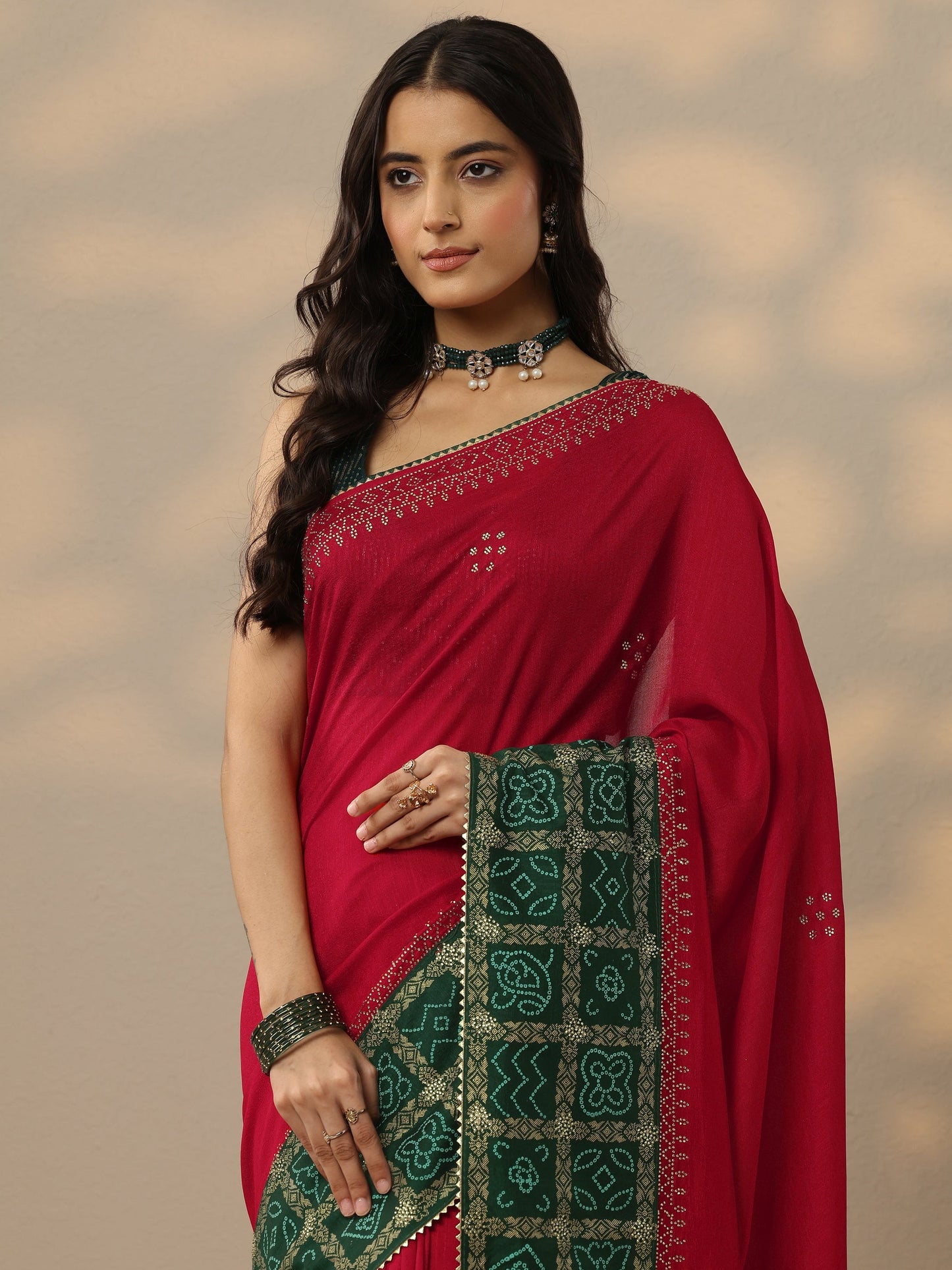 Red Printed Chinon Saree With Unstitched Blouse Piece