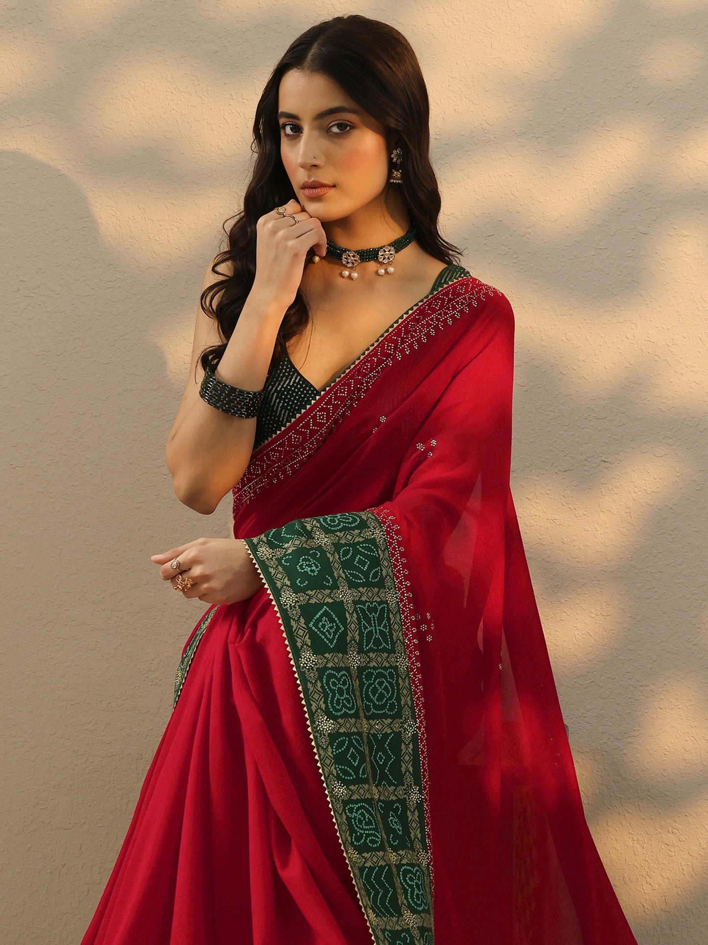 Red Printed Chinon Saree With Unstitched Blouse Piece