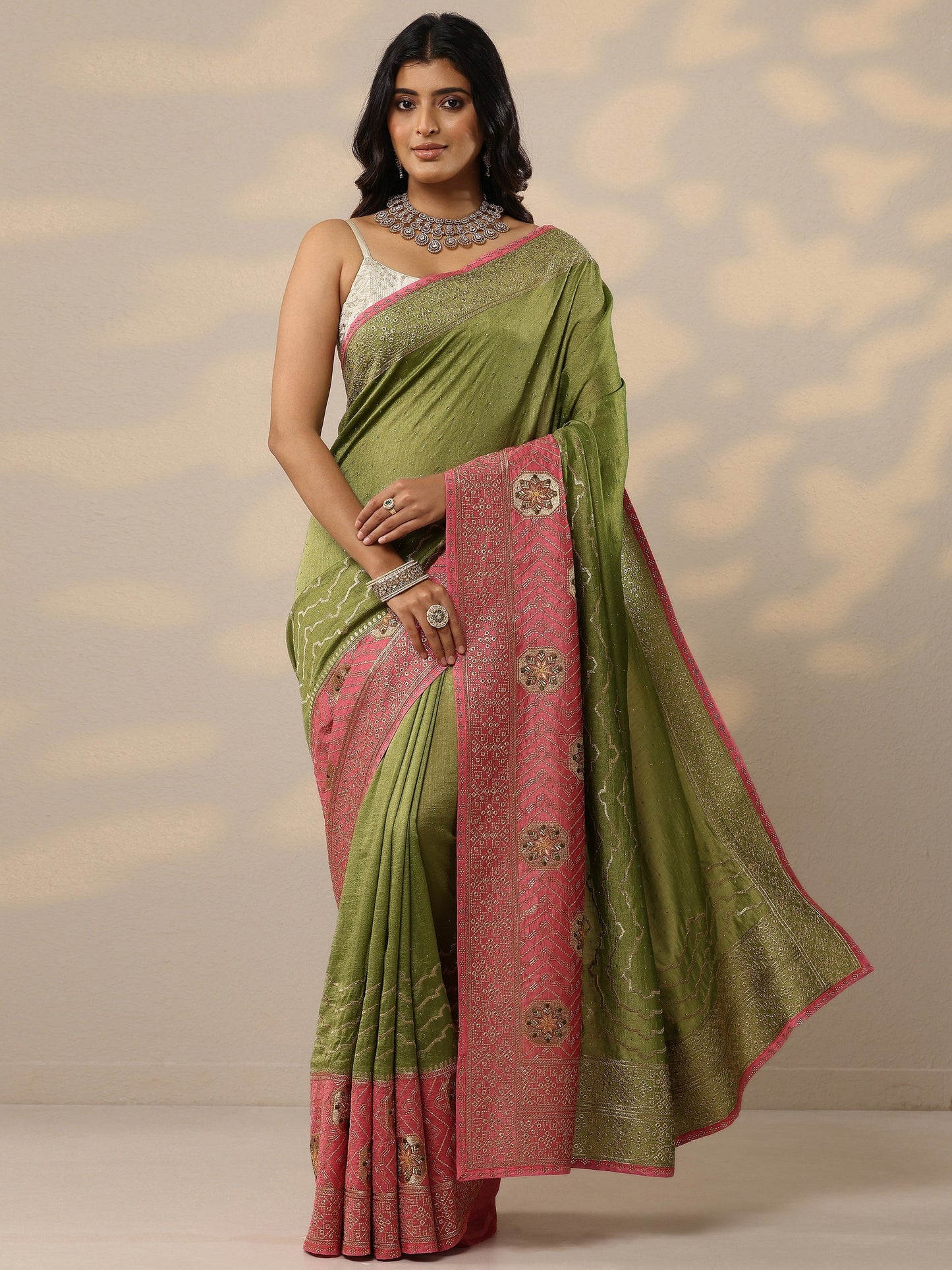 Green Embellished Silk Blend Sarees With Unstitched Blouse Piece