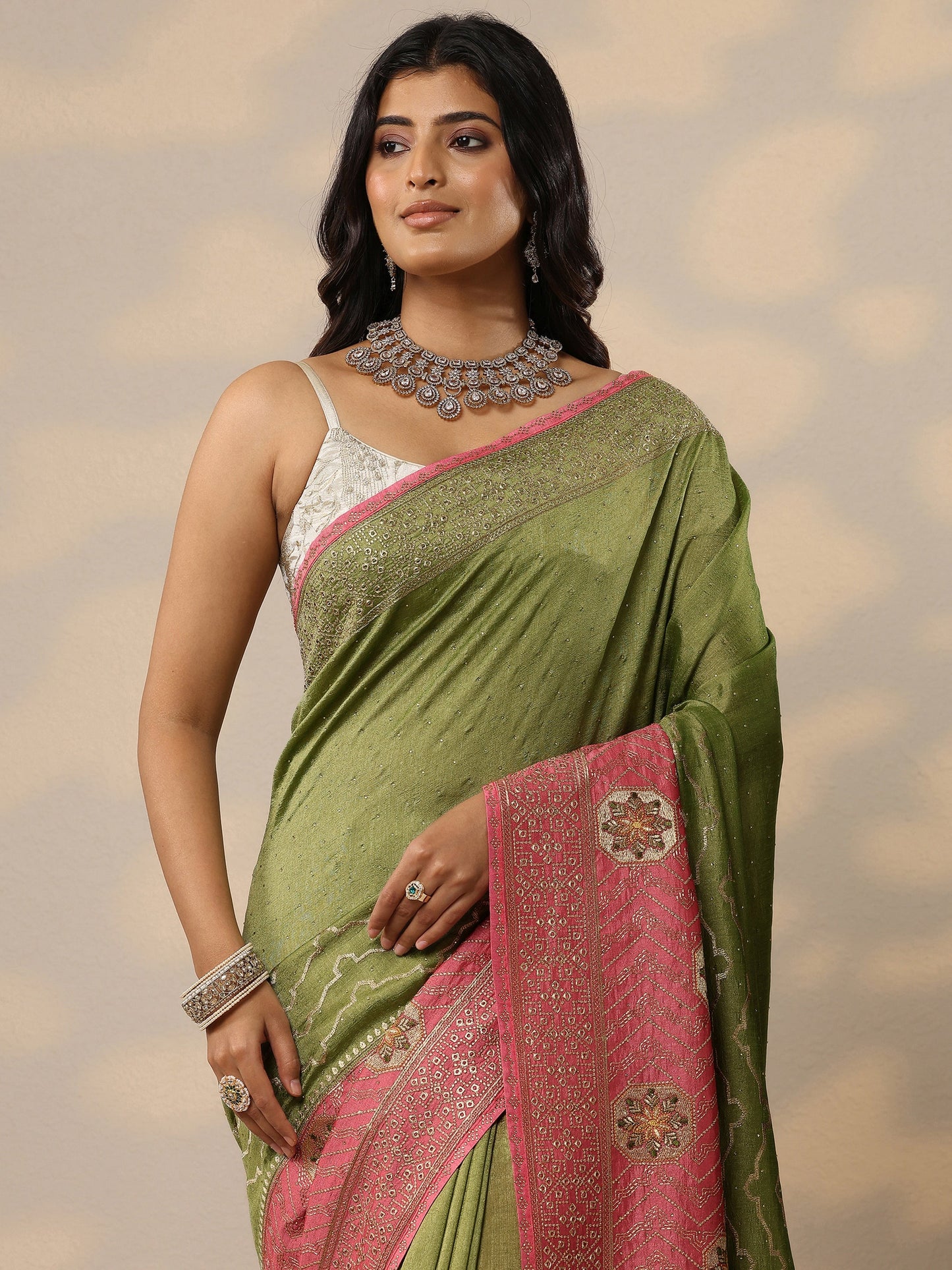 Green Embellished Silk Blend Sarees With Unstitched Blouse Piece
