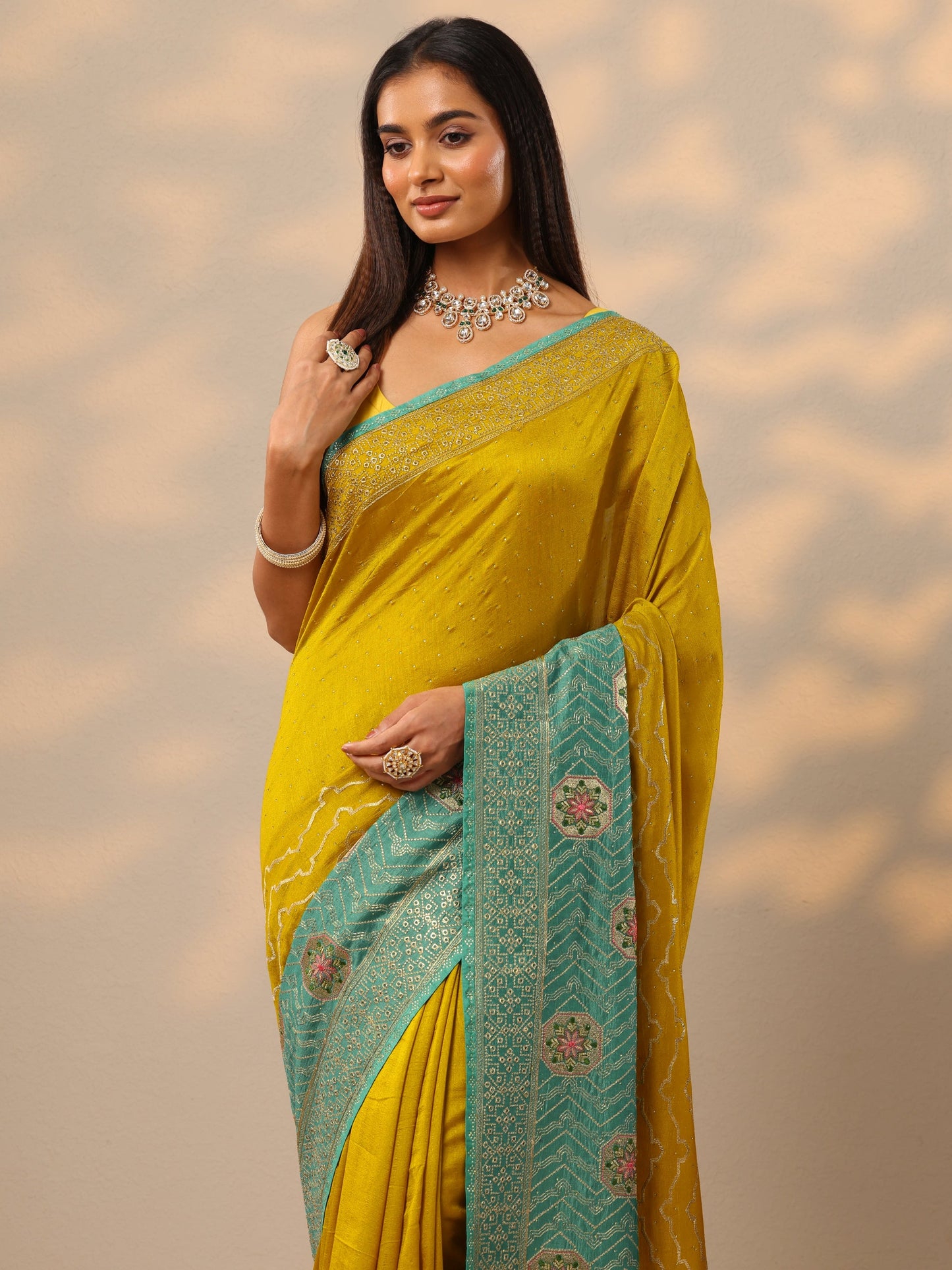 Mustard Embellished Silk blend Saree With Unstitched Blouse Piece