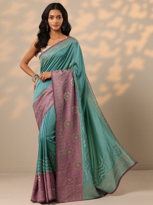 Turquoise Blue Embellished Silk blend Saree With Unstitched Blouse Piece