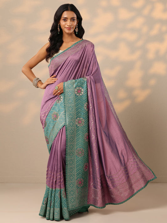 Purple Embellished Silk blend Saree With Unstitched Blouse Piece