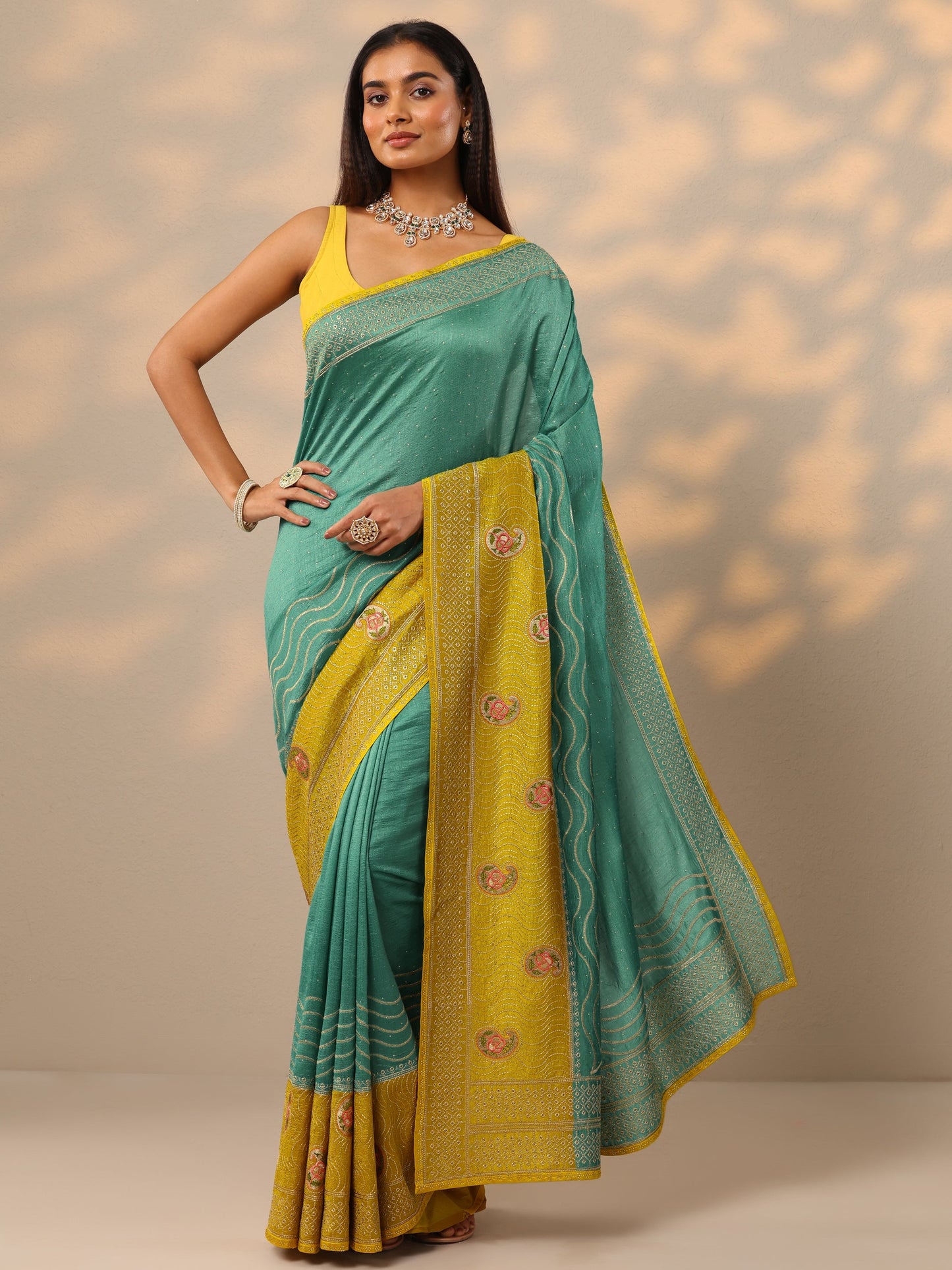 Turquoise Blue Embellished Silk blend Saree With Unstitched Blouse Piece