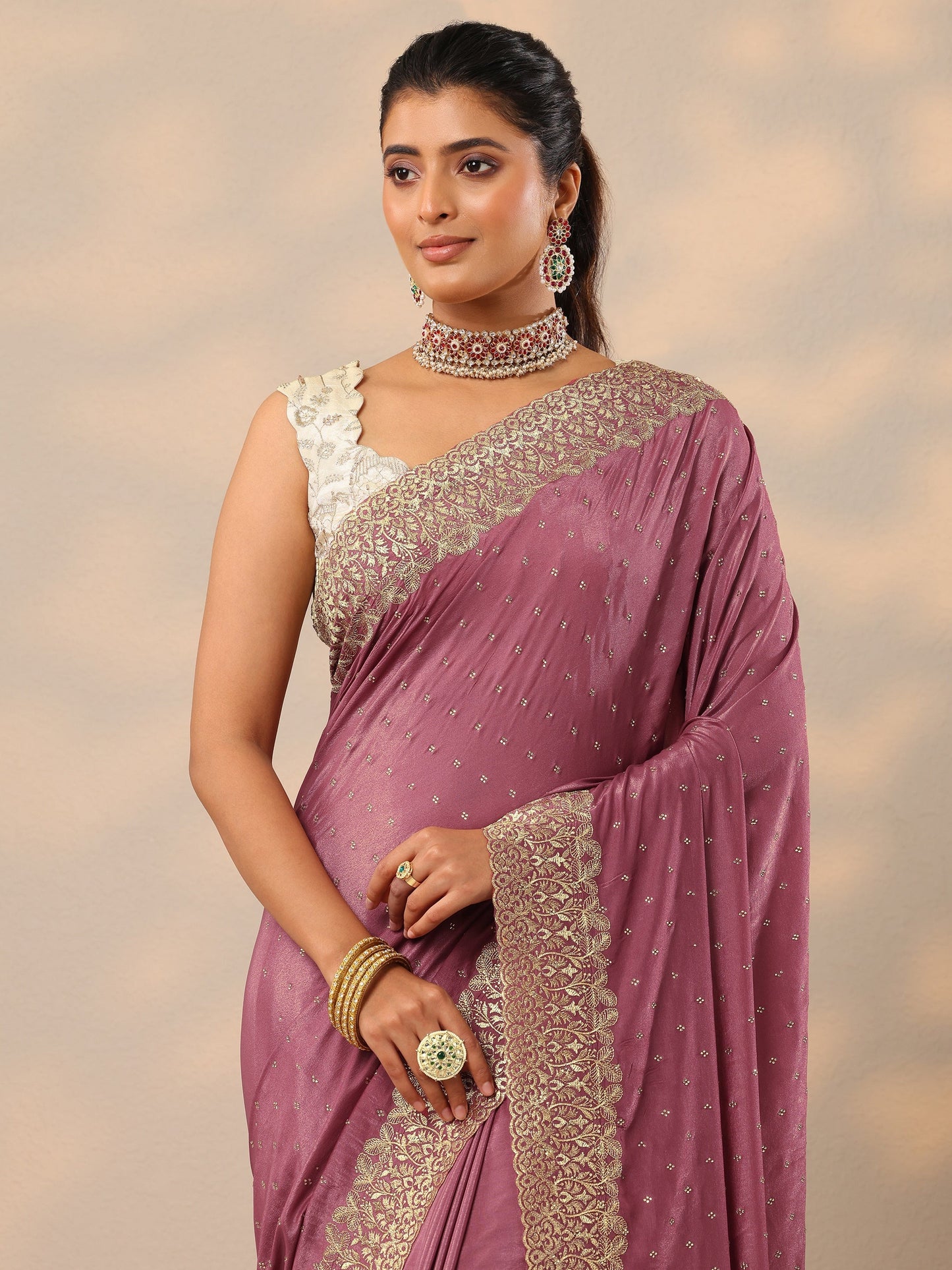 Mauve Embellished Crepe Sarees With Unstitched Blouse Piece
