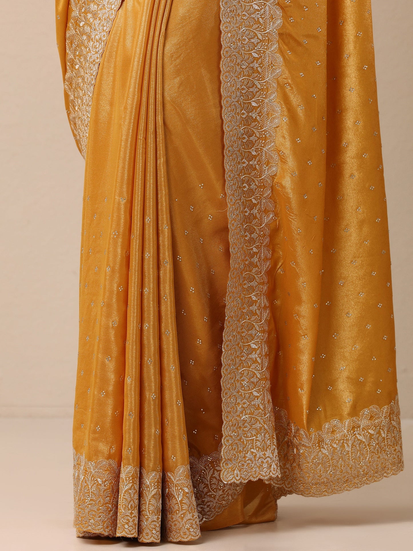 Mustard Embellished Crepe Sarees With Unstitched Blouse Piece