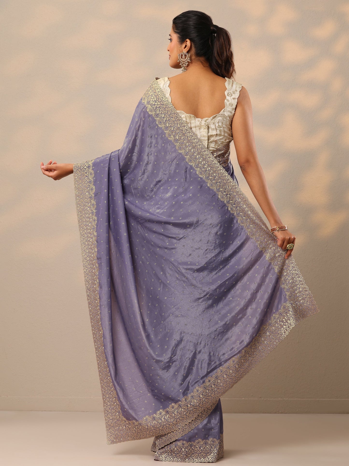 Lavender Embellished Crepe Sarees With Unstitched Blouse Piece