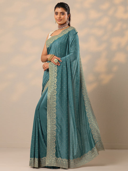 Blue Embellished Crepe Sarees With Unstitched Blouse Piece