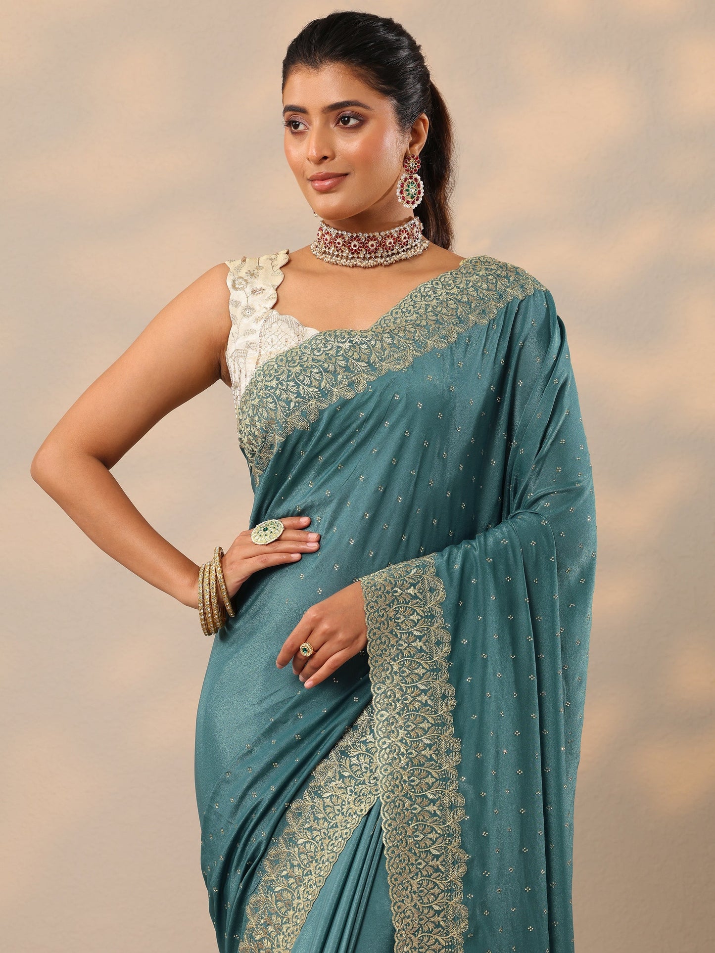Blue Embellished Crepe Sarees With Unstitched Blouse Piece
