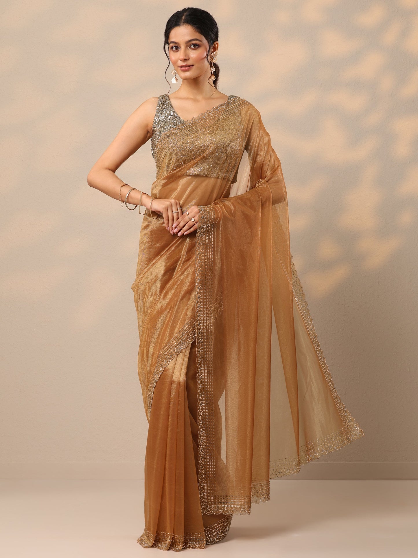 Rust Embellished Nylon Sarees With Unstitched Blouse Piece