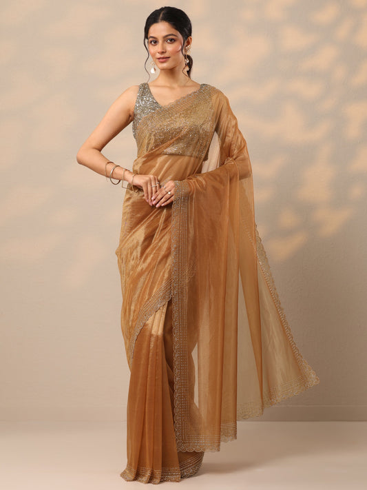 Rust Embellished Nylon Sarees With Unstitched Blouse Piece