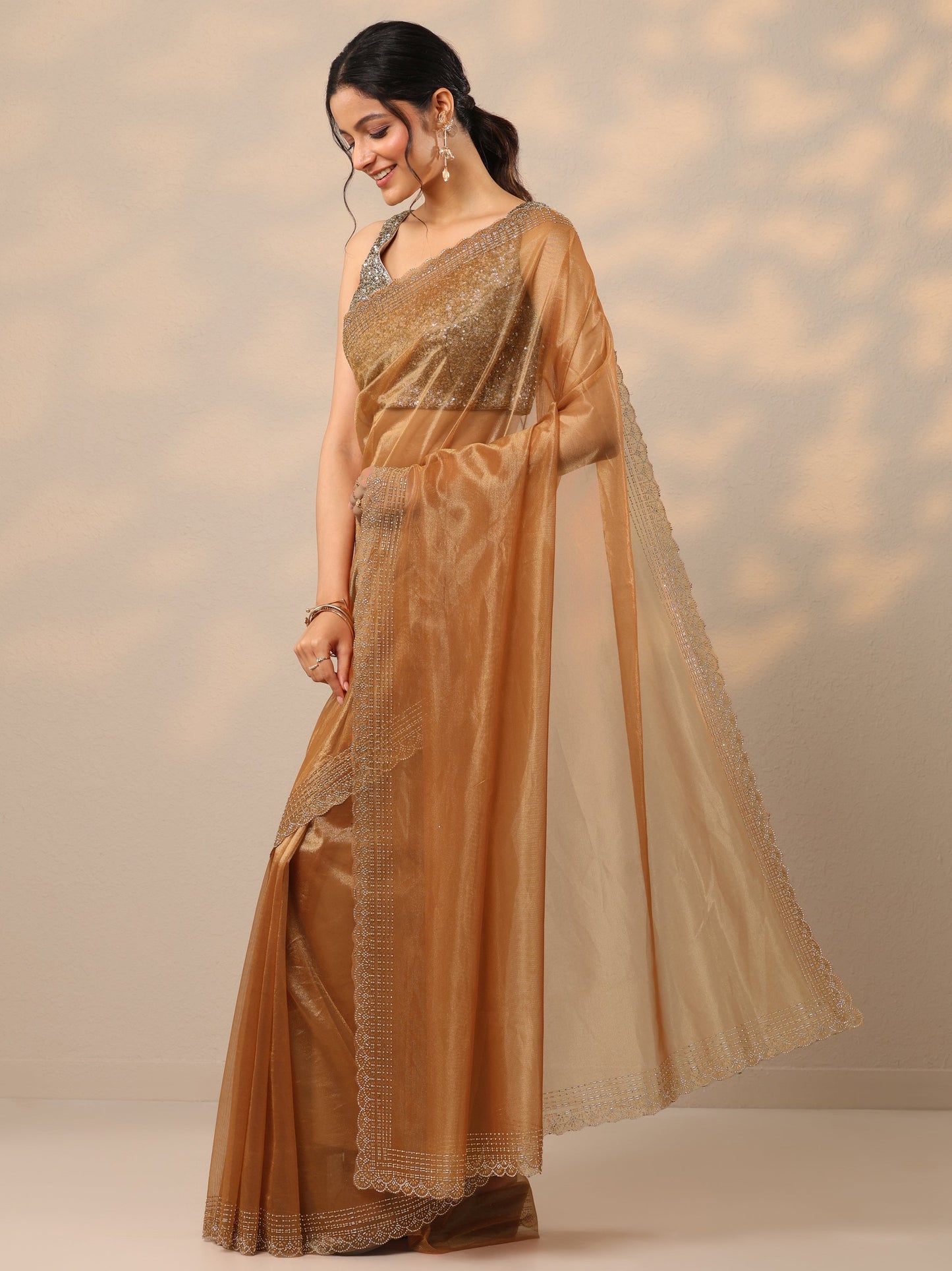 Rust Embellished Nylon Sarees With Unstitched Blouse Piece