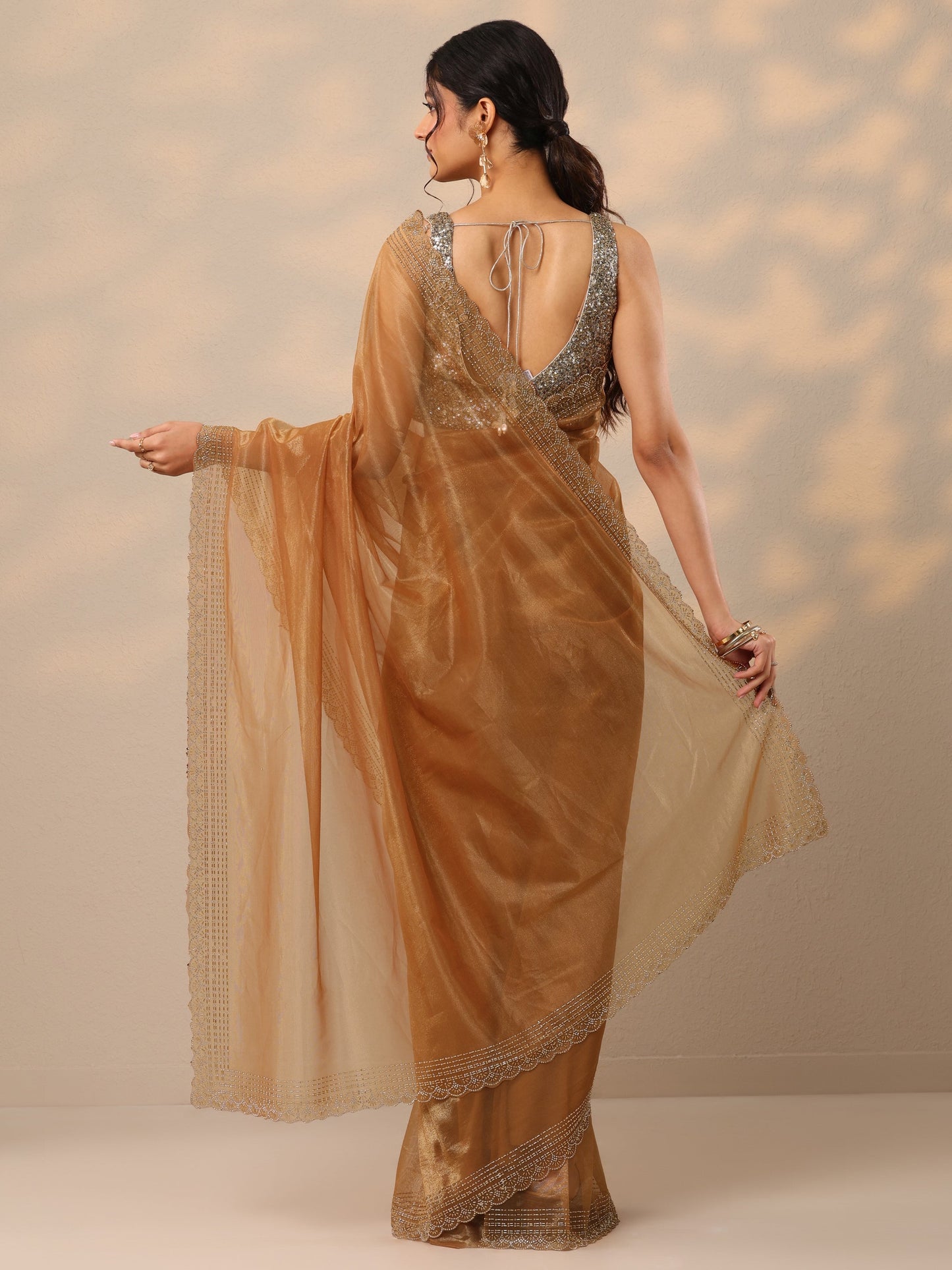 Rust Embellished Nylon Sarees With Unstitched Blouse Piece