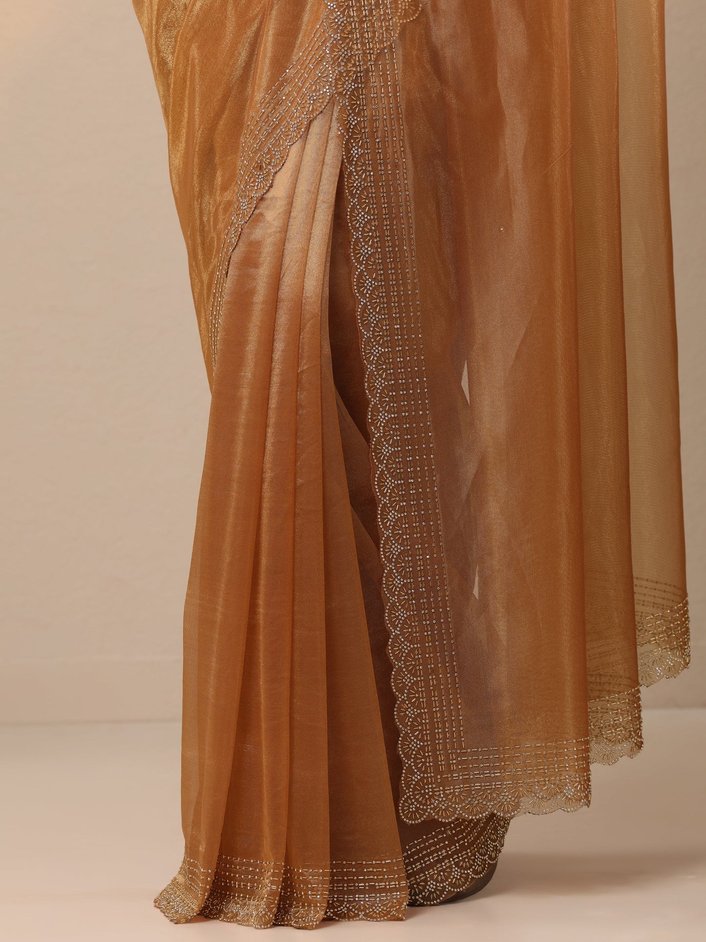 Rust Embellished Nylon Sarees With Unstitched Blouse Piece
