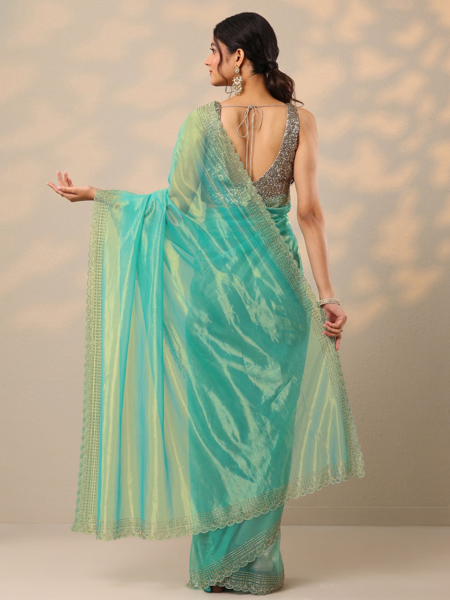 Blue Embellished Nylon Sarees With Unstitched Blouse Piece