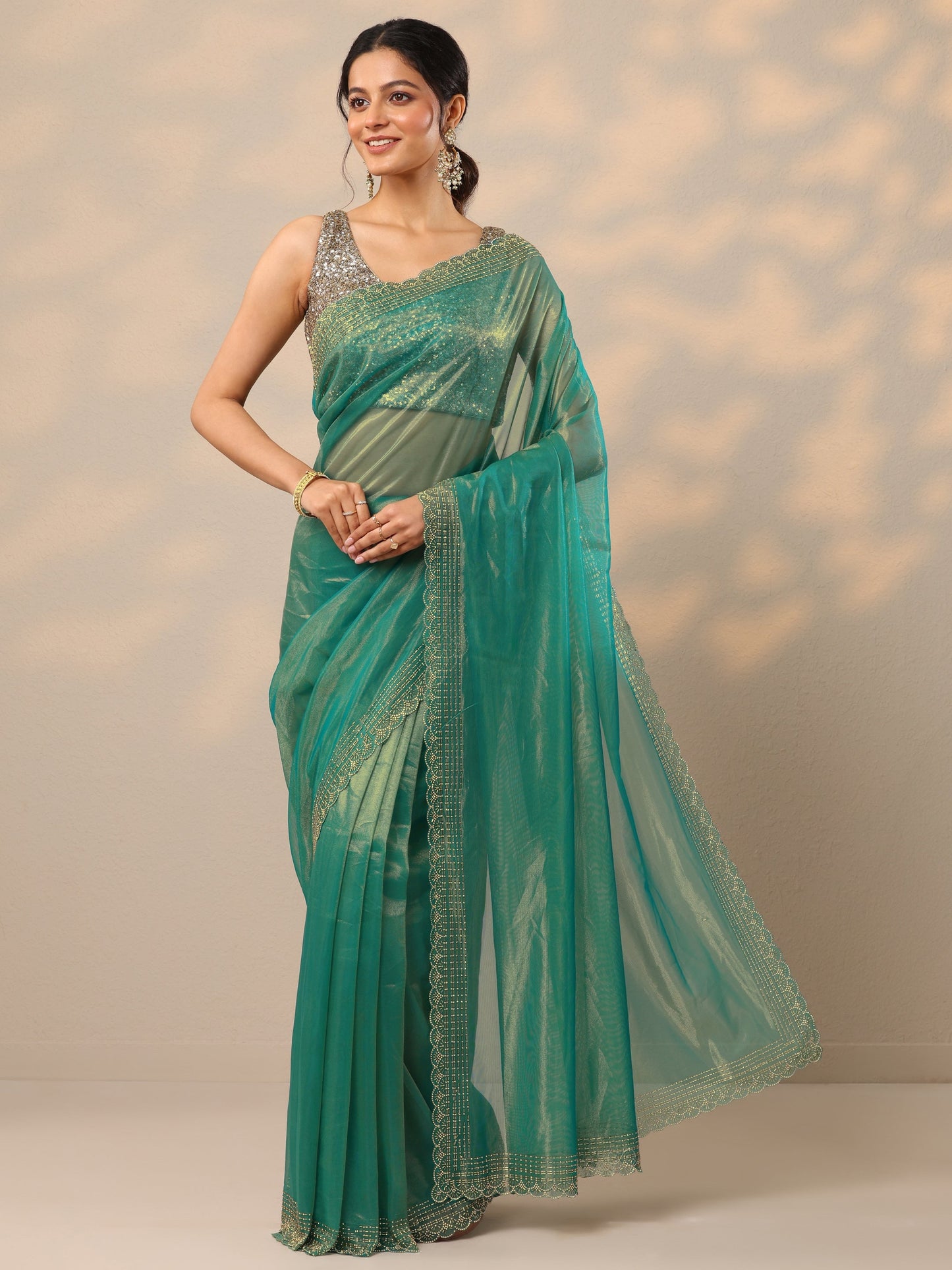 Green Embellished Nylon Sarees With Unstitched Blouse Piece