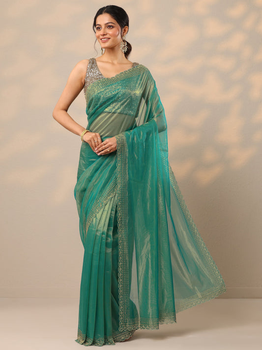 Green Embellished Nylon Sarees With Unstitched Blouse Piece