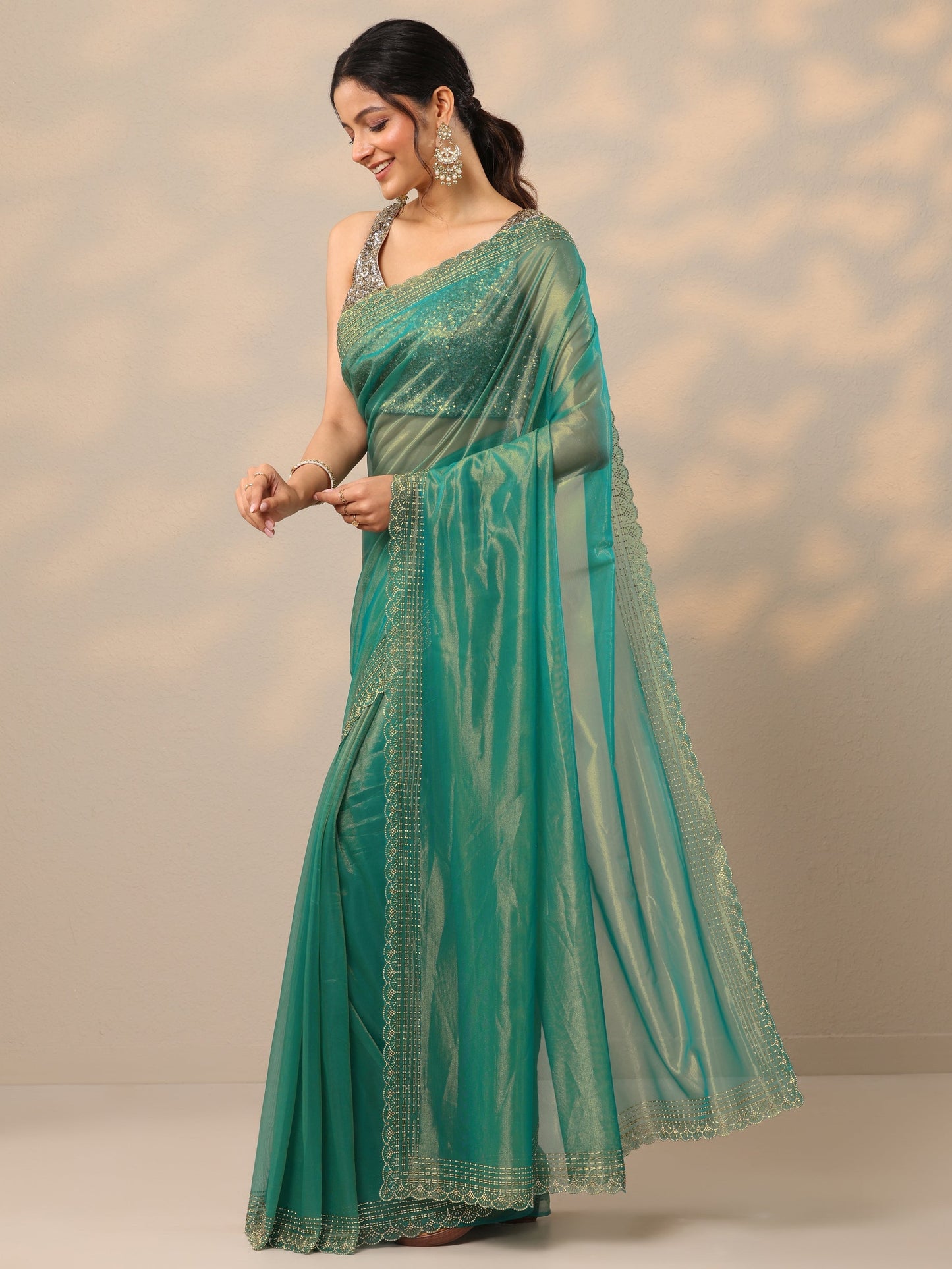 Green Embellished Nylon Sarees With Unstitched Blouse Piece