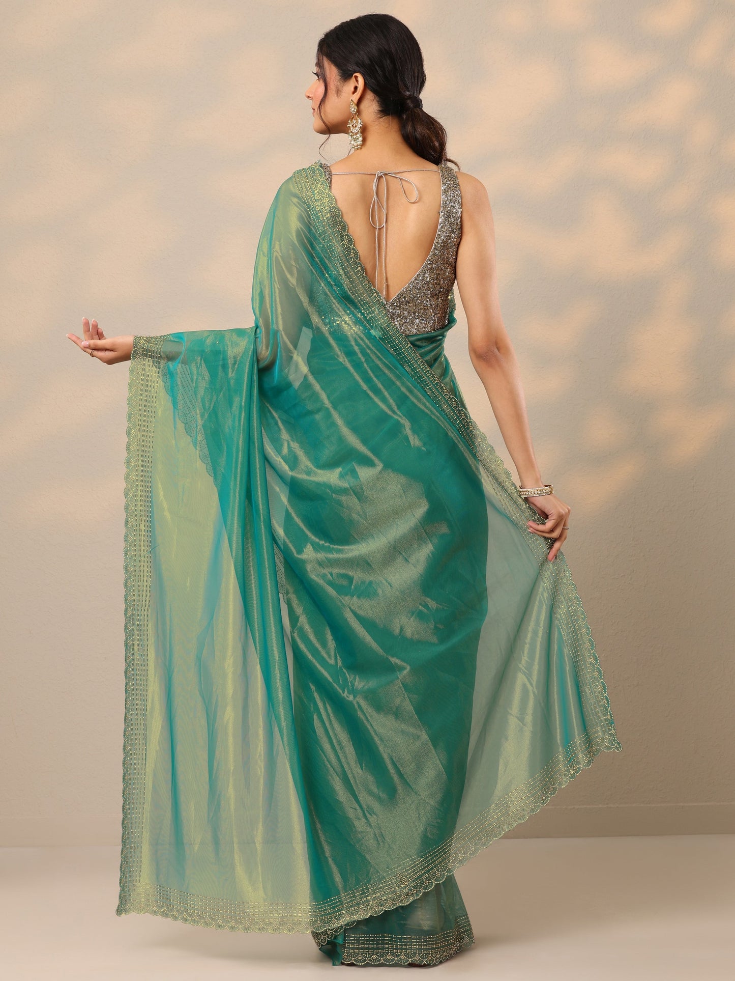 Green Embellished Nylon Sarees With Unstitched Blouse Piece