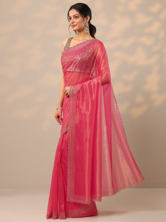 Pink Embellished Nylon Sarees With Unstitched Blouse Piece