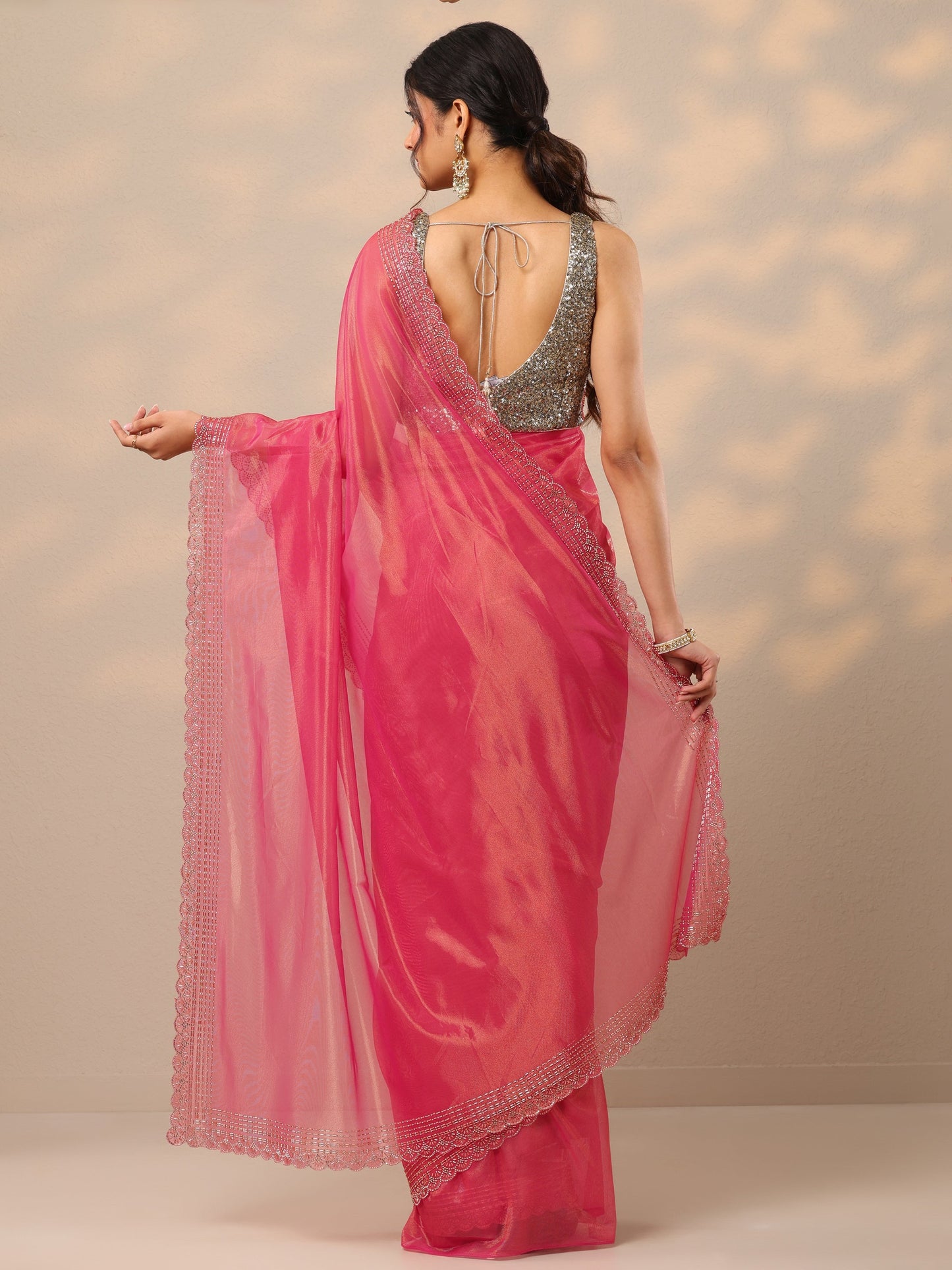 Pink Embellished Nylon Sarees With Unstitched Blouse Piece