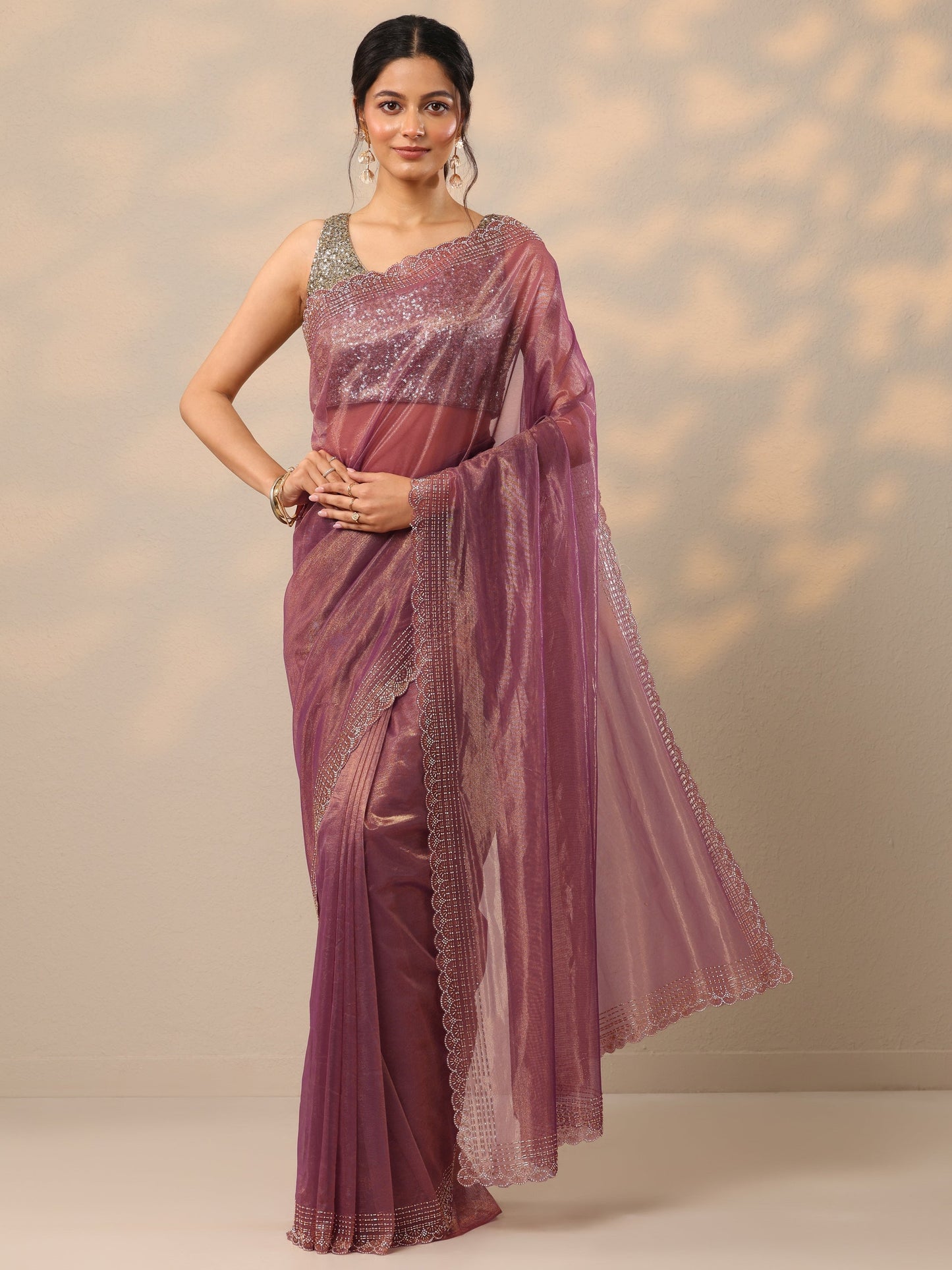 Mauve Embellished Nylon Sarees With Unstitched Blouse Piece