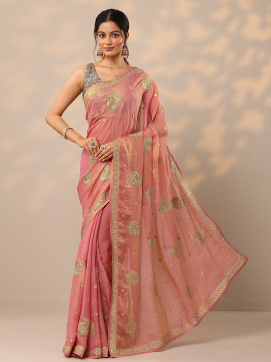 Peach Embroidered Organza Sarees With Unstitched Blouse Piece