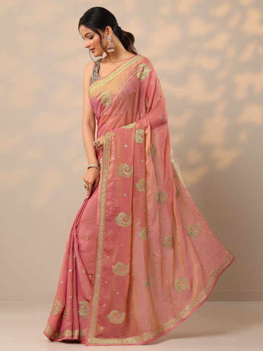 Peach Embroidered Organza Sarees With Unstitched Blouse Piece
