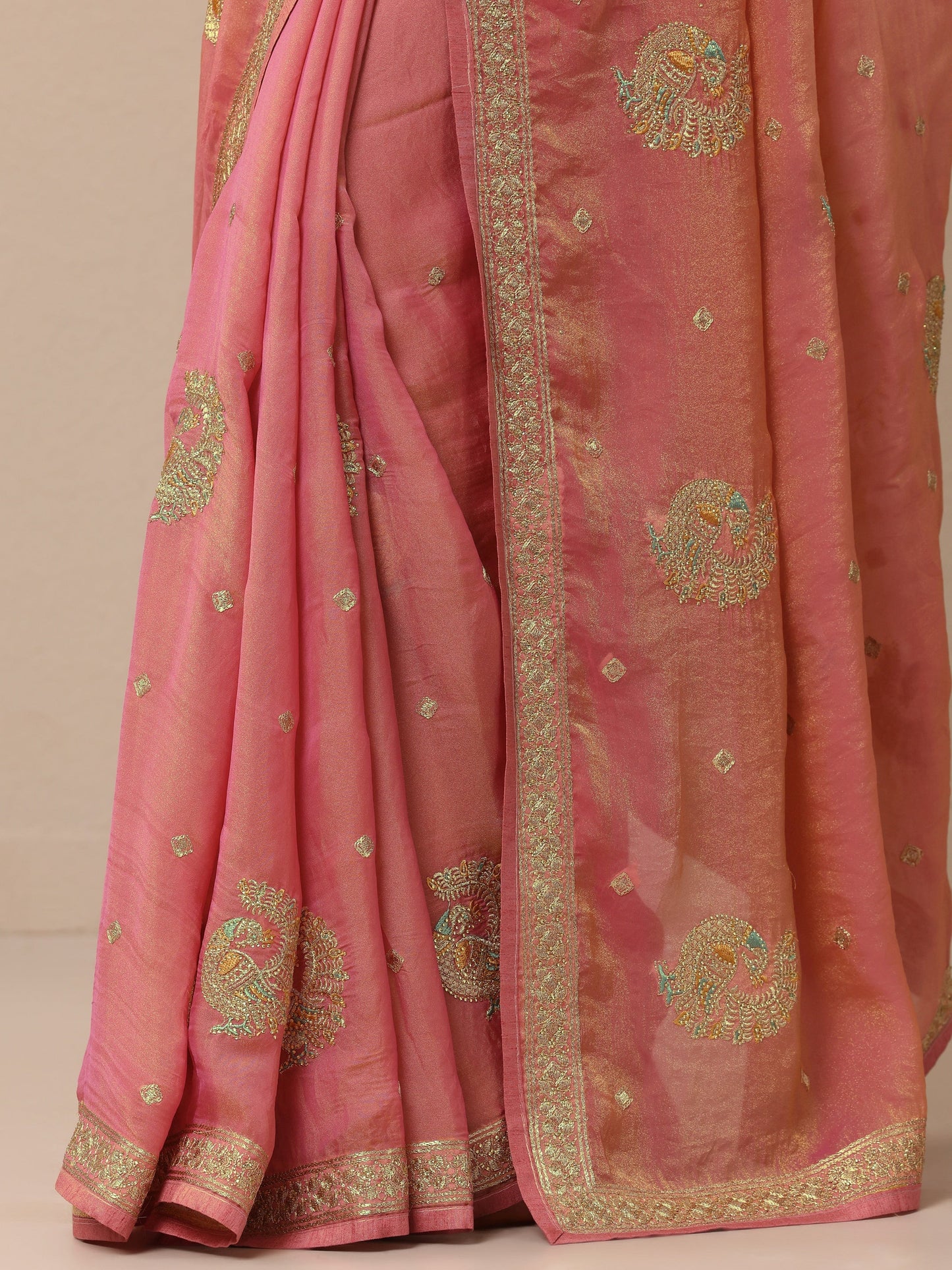 Peach Embroidered Organza Sarees With Unstitched Blouse Piece