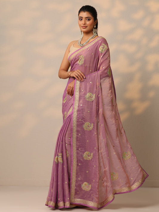 Mauve Embroidered Organza Sarees With Unstitched Blouse Piece