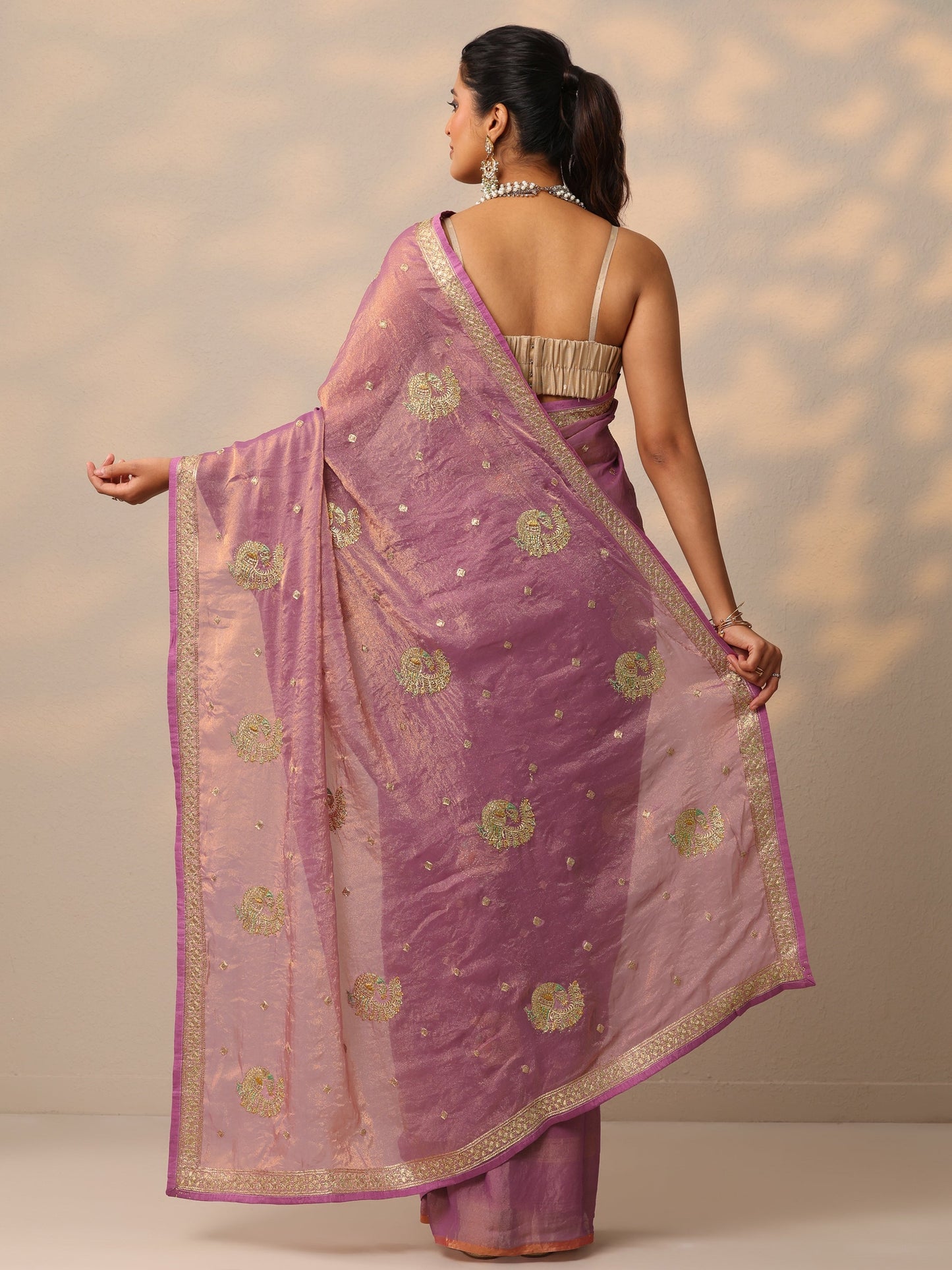 Mauve Embroidered Organza Sarees With Unstitched Blouse Piece