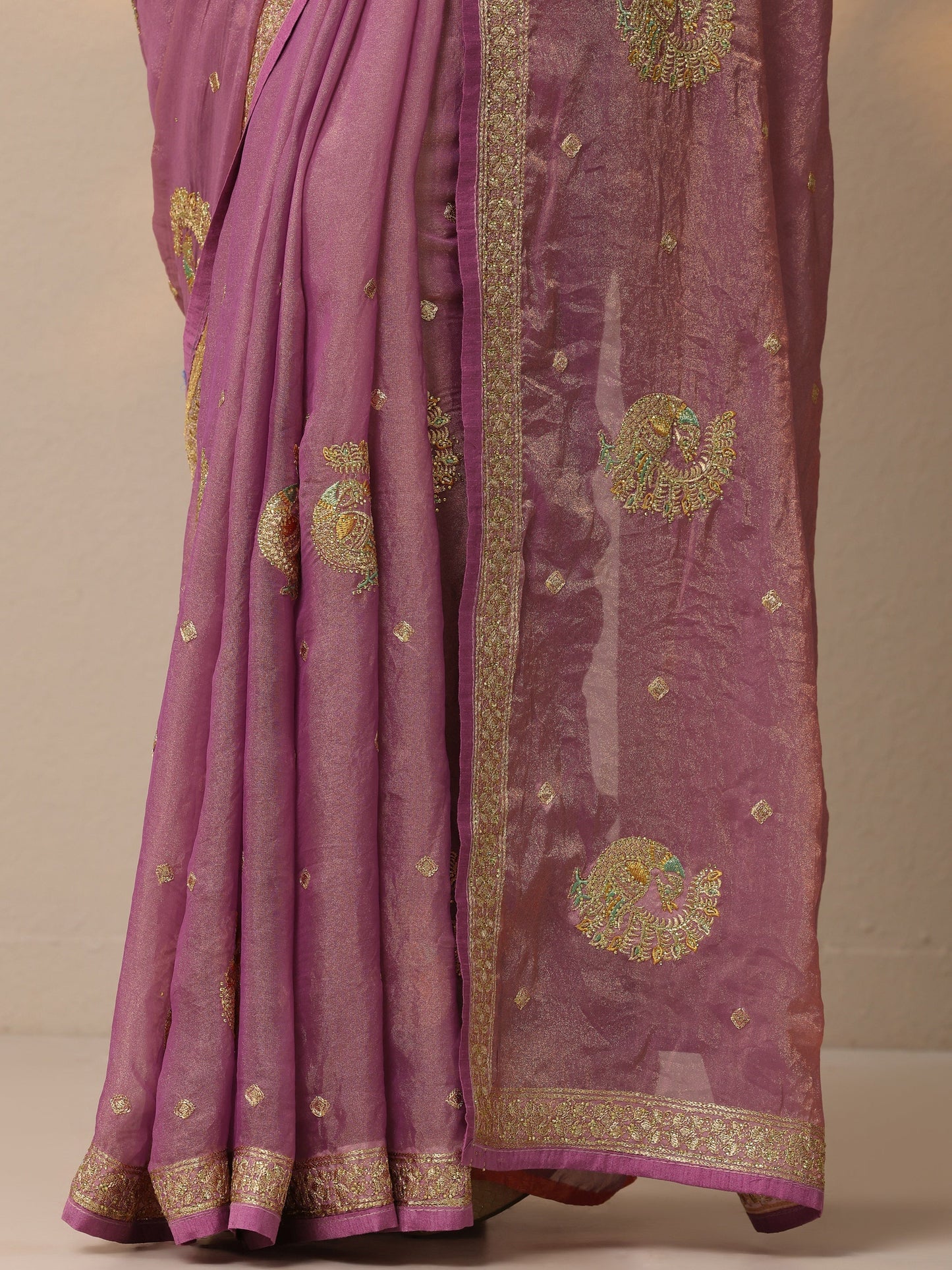 Mauve Embroidered Organza Sarees With Unstitched Blouse Piece