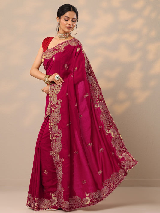 Pink Embroidered Silk Blend Sarees With Unstitched Blouse Piece