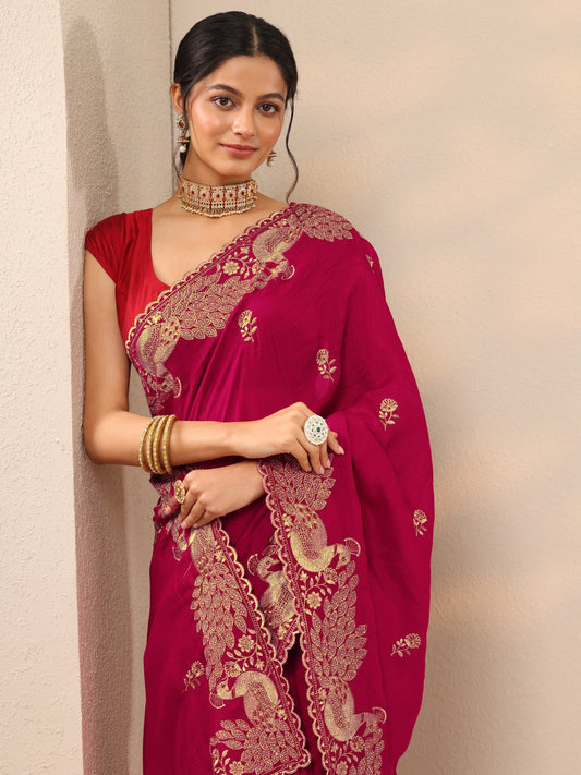 Pink Embroidered Silk Blend Sarees With Unstitched Blouse Piece
