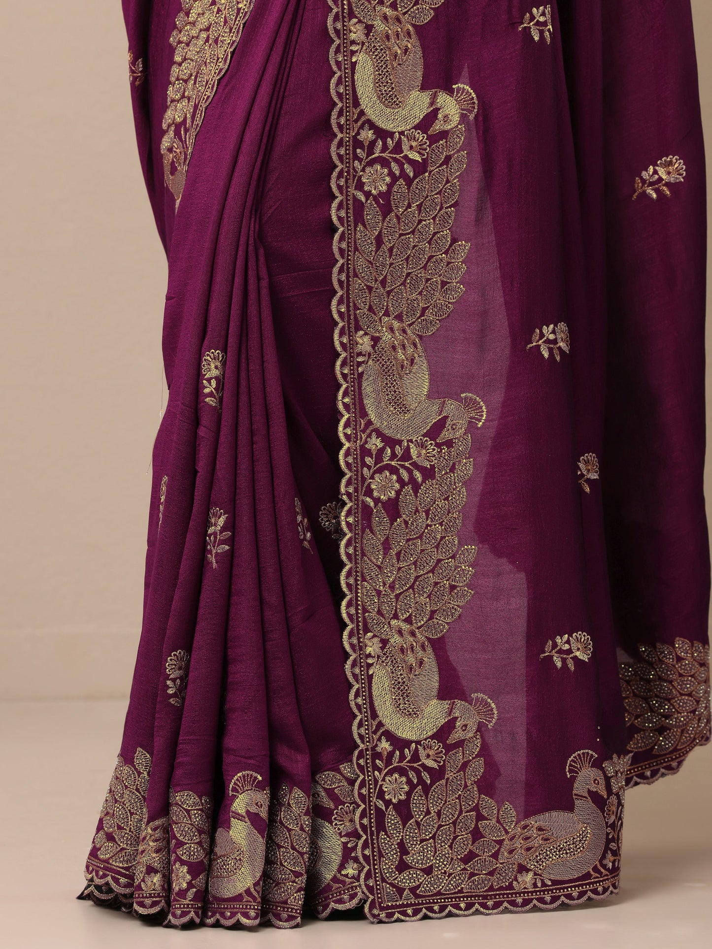 Burgundy Embroidered Silk Blend Sarees With Unstitched Blouse Piece