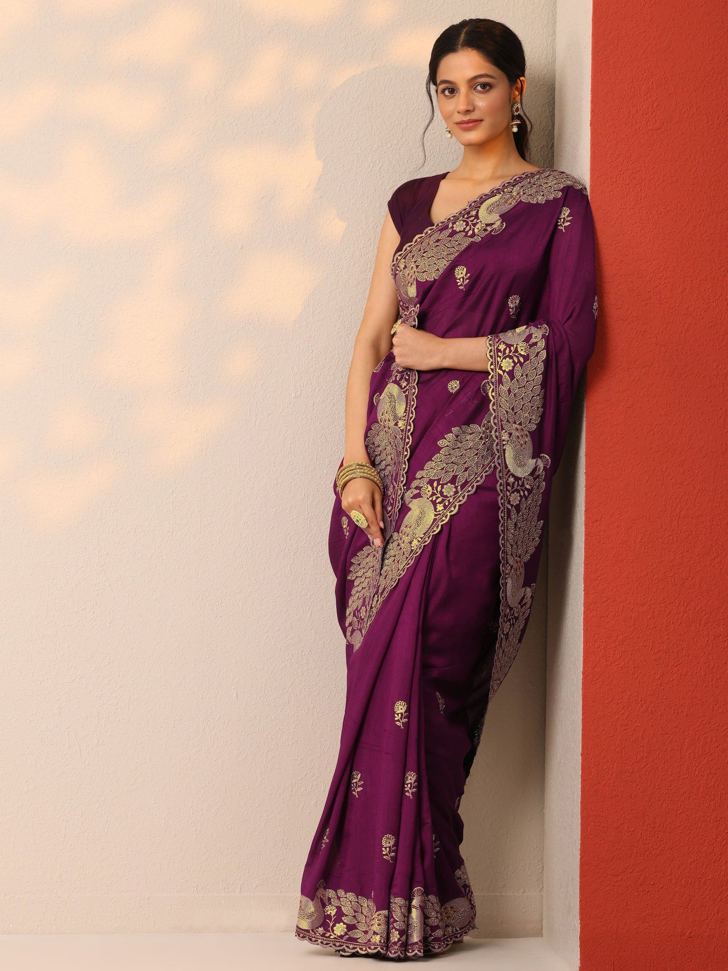 Burgundy Embroidered Silk Blend Sarees With Unstitched Blouse Piece