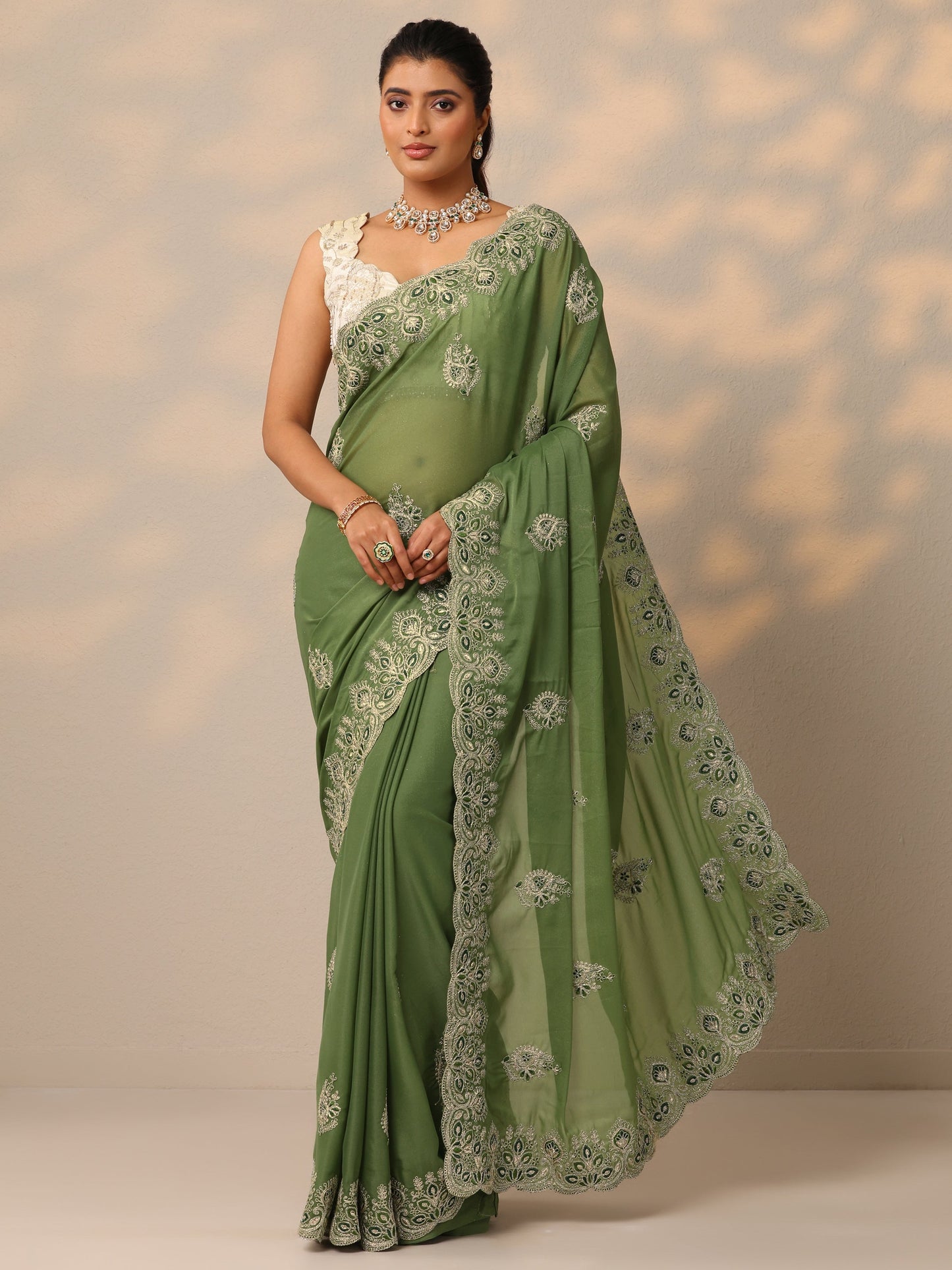 Green Embroidered Silk Blend Sarees With Unstitched Blouse Piece