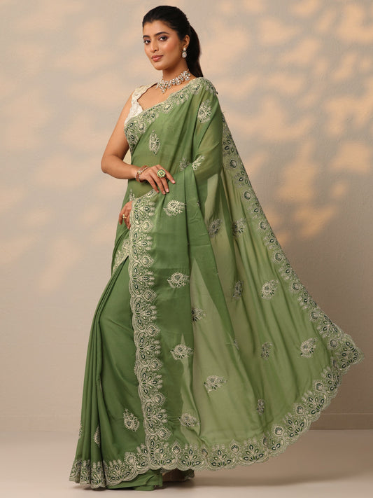 Green Embroidered Silk Blend Sarees With Unstitched Blouse Piece